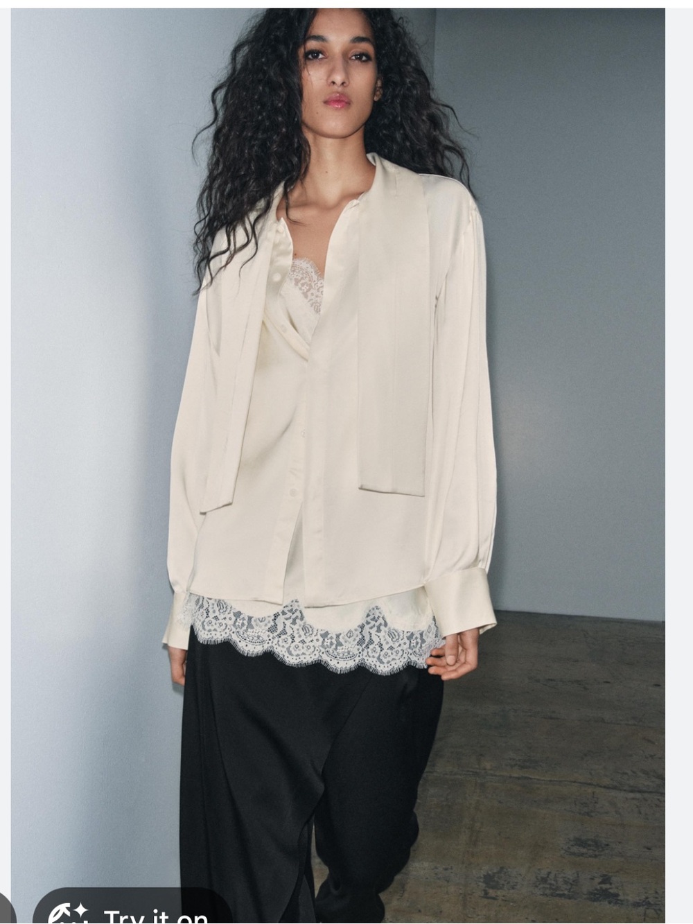 Zara Cream Tie-Neck Satin Blouse with Lace Hem